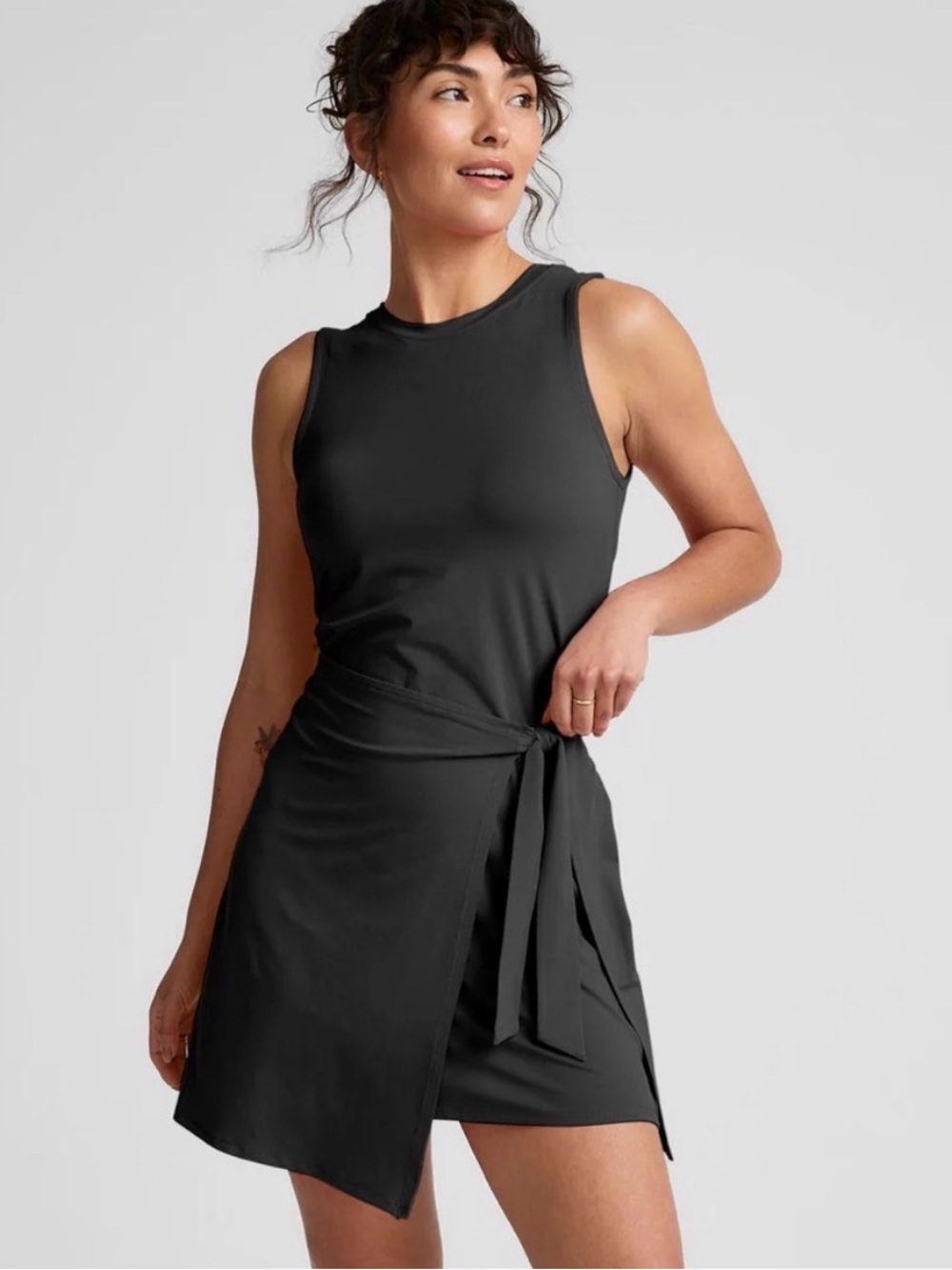 Beyond Yoga Meet Up Black Sleeveless Wrap Tie Mini Dress | Size Medium